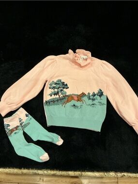 Janie and Jack Horse Intarsia Design Soft Pink Knit Top With Matching Socks